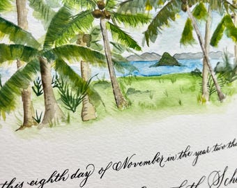 手書きのカリグラフィーと水彩画のヤシの木をあしらったハワイのカスタム結婚証明書デポジット