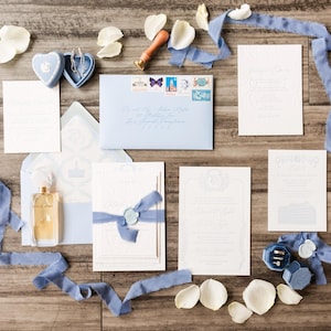 French Toile Blue Custom Letterpress Hochzeitseinladung Hochzeitseinladung DEPOSIT