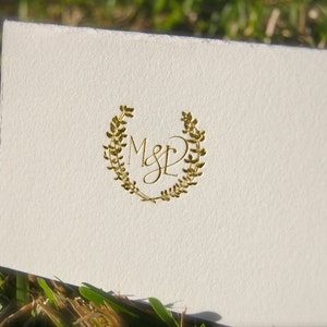 Gold Foil Wedding Invitation featuring Letterpress in Gold and Charcoal with a Laurel Monogram image 3