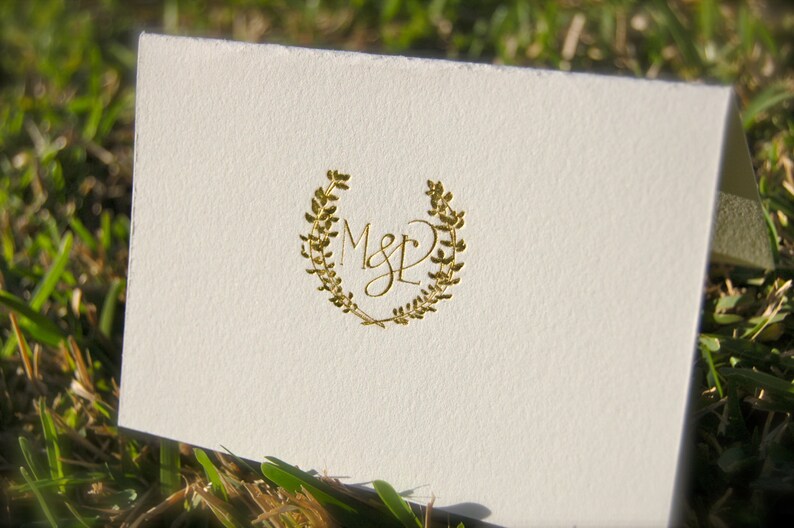 Gold Foil Wedding Invitation featuring Letterpress in Gold and Charcoal with a Laurel Monogram image 3