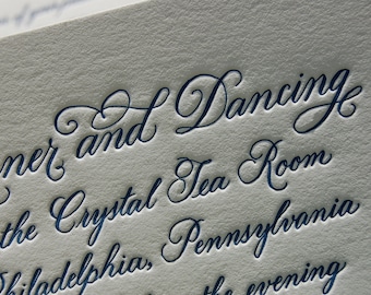 Custom Blue Letterpress Wedding Invitation featuring Hand Calligraphy DEPOSIT