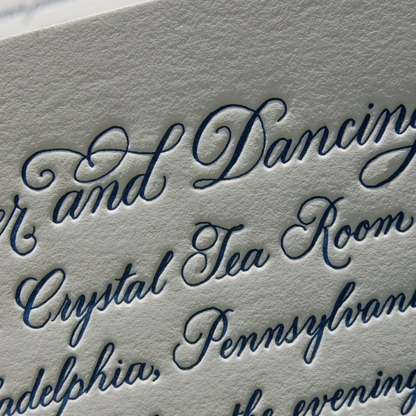 Custom Blue Letterpress Wedding Invitation featuring Hand Calligraphy DEPOSIT