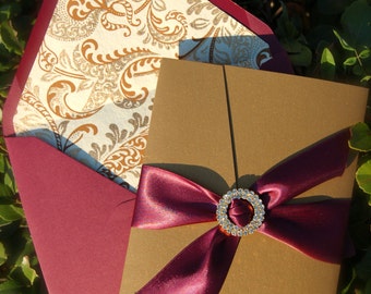 Burgundy and Gold Wedding Invitation, Letterpress Wedding Invitations, Gold Pocket Fold Invitation with Rhinestone and Wine Ribbon