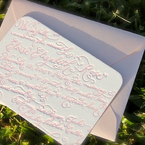 Boekdruk geboortekaartjes baby AANBETALING roze kalligrafie