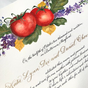 Benutzerdefinierte Heiratsurkunde mit Handkalligraphie, Aquarell Tomate und Blumen Design, Quäker-Heiratsurkunde