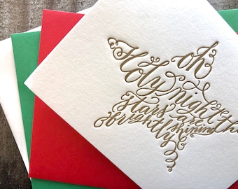 Oh Holy Night Christmas Cards Featuring Calligraphy Star in Gold Letterpress