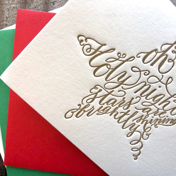 Oh Holy Night Christmas Cards Featuring Calligraphy Star in Gold Letterpress