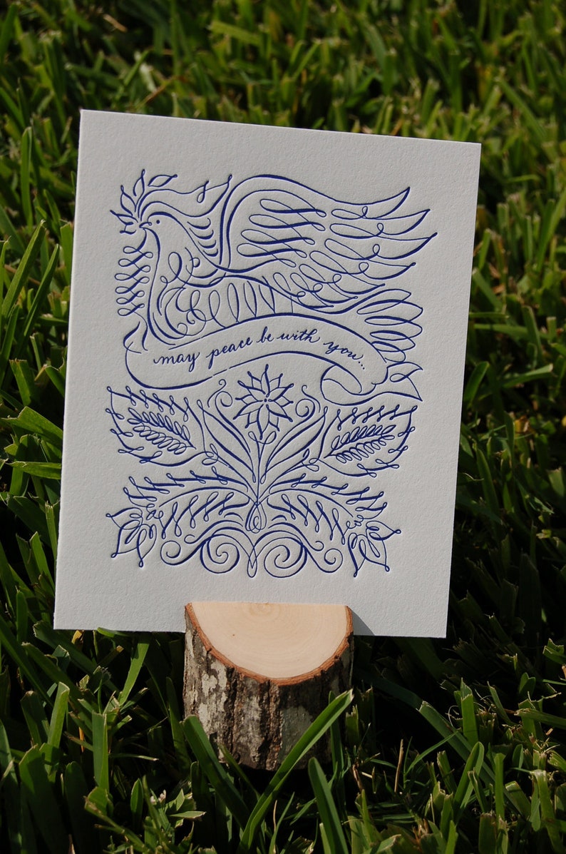 Christmas Cards Letterpress Hand Calligraphy Navy Peace Dove Hygge image 2