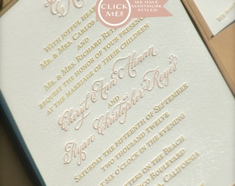 Blush and Gold Wedding Invitation, Letterpress Wedding Invitations, Calligraphy Monogram Wedding Invitation