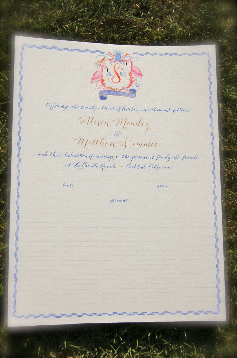 Watercolor Crest Marriage Certificate, Wedding Watercolor Crest, Wedding Crest, Watercolor Flamingo image 3