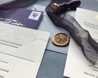 Plum Eggplant and Gold Foil Letterpress Wedding Invitation Suite with custom wax seal and hand dyed silk ribbon  Deposit