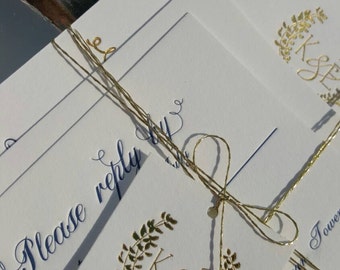 Navy and Gold Wedding Invitations, Gold Foil Invitations with Navy Letterpress