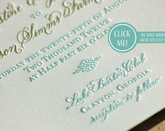 Mint and Gold Letterpress Wedding Invitations with Hand Calligraphy Monogram DEPOSIT