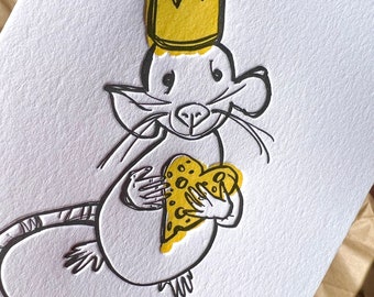 A Little Cheesy Card, Letterpress Anniversary Card, I Love You Card with Hand Drawn Mouse and Heart Cheese