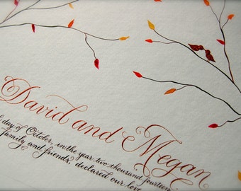 Custom Marriage Certificate featuring Hand Calligraphy, Birds Branches and Leaves, Copper Chocolate and Orange, Quaker Marriage Certificate