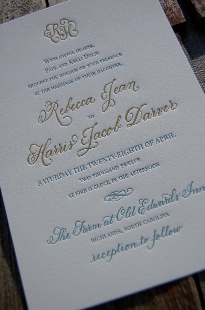 Letterpress Wedding Invitation featuring Hand Calligraphy Names and Monogram DEPOSIT image 3