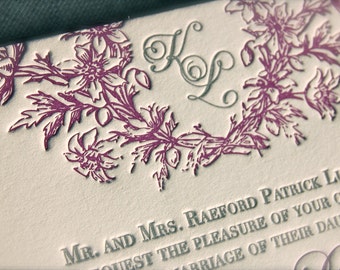 Letterpress Purple and Silver Charcoal Wedding Invitation with Floral Wreath Monogram Deposit