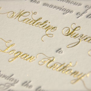 Gold Foil Wedding Invitation featuring Letterpress in Gold and Charcoal with a Laurel Monogram image 2