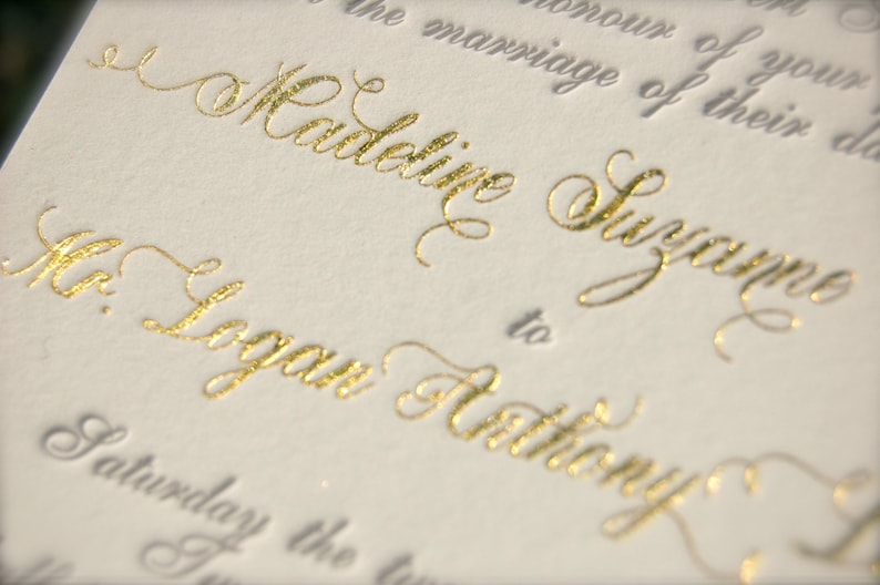 Gold Foil Wedding Invitation featuring Letterpress in Gold and Charcoal with a Laurel Monogram image 2