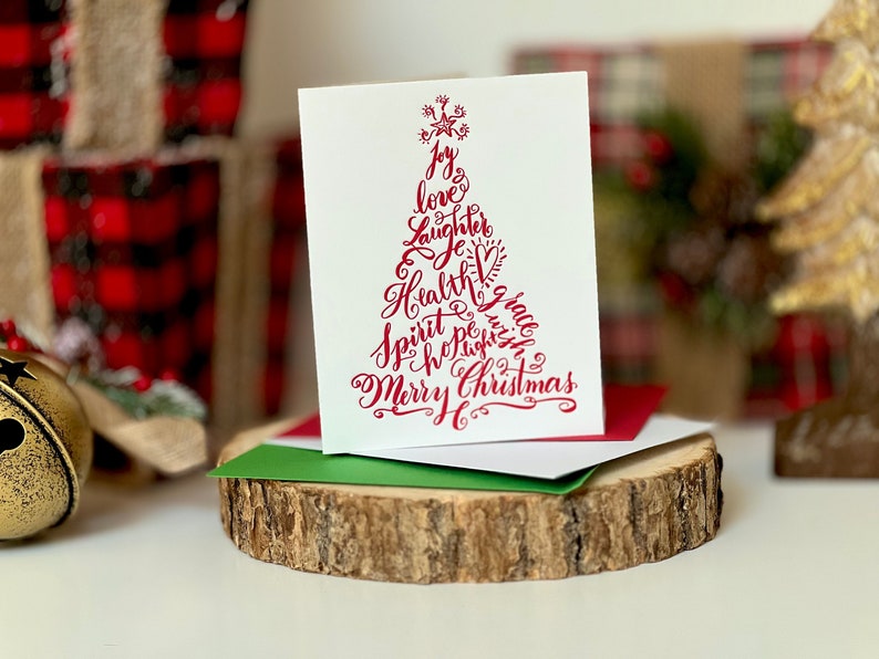 Christmas Cards Featuring Calligraphy Christmas Tree in Red Letterpress image 1