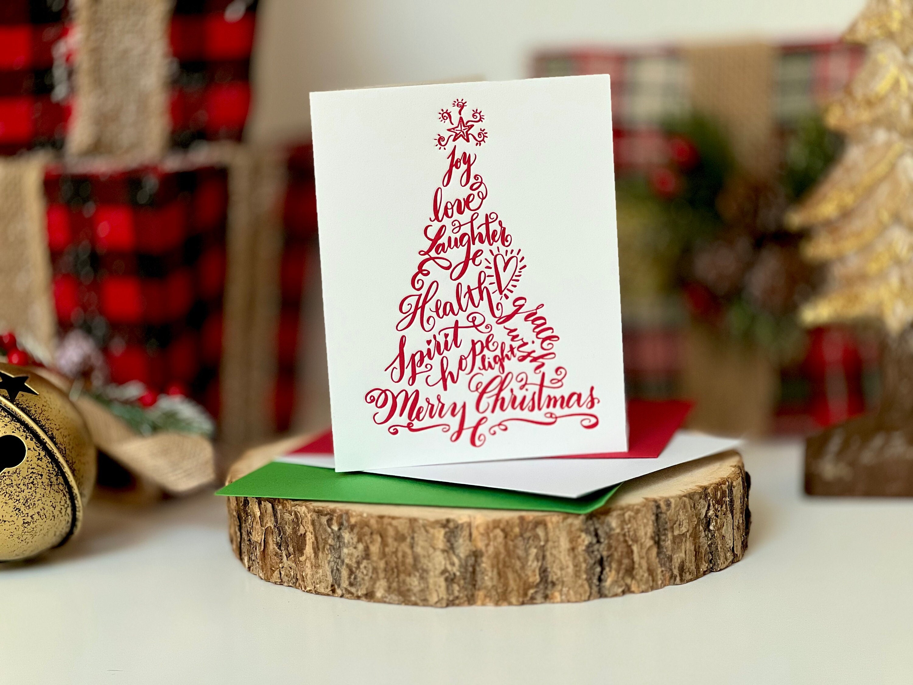 10-pack Ribbon Happy Holidays Letterpress Holiday Greeting Card Printed in  White or Maroon on Kraft Brown or Red Card Stock With Red Envelop 