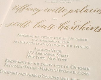 Gold Foil Letterpress Engagement Invitations: Turquoise Ink, Cotton Paper