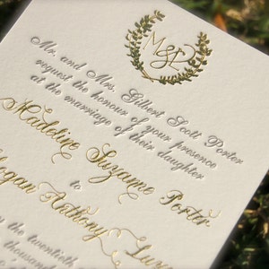 Gold Foil Monogram and Charcoal Letterpress Wedding Invitations, Laurel Wreath Monogram Invites, Gold Hot Foil Stamped, Foil Letterpress
