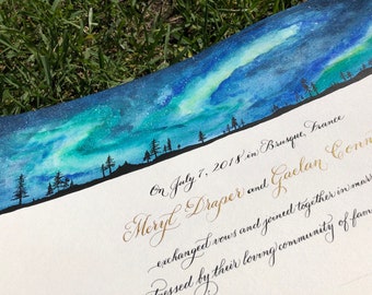 Northern Lights Marriage Certificate, Watercolor Aurora Borealis, Galaxy