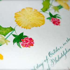 Hand Kalligraphie Quäker Heiratsurkunde mit Aquarell Himbeeren und Pusteblumen DEPOSIT