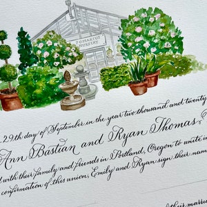 Benutzerdefinierte Kalligraphie Heiratsurkunde, Aquarell Gewächshaus Urkunde