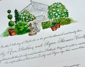 Custom Calligraphy Marriage Certificate, Watercolor Greenhouse Certificate