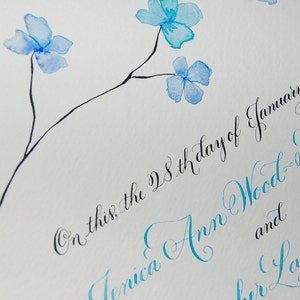 Handbeschriftete Quäker-Heiratsurkunde - Mit Handkalligraphie, Aquarellblättern oder Blütenablagerung