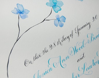 手書きのクエーカー教徒の結婚証明書 - 手書きのカリグラフィー、水彩画の葉や花のデポジットが特徴です