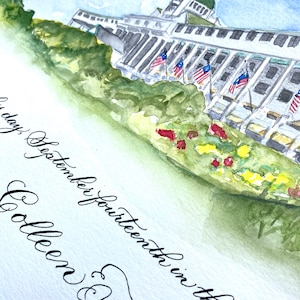 Benutzerdefinierte Heiratsurkunde mit Handkalligraphie, Grand Hotel Mackinac Aquarell Bleistiftskizze des Veranstaltungsortes, Quäker-Heiratsurkunde