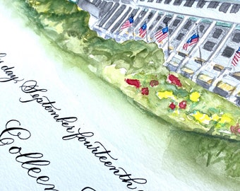 Custom Marriage Certificate featuring Hand Calligraphy, Grand Hotel Mackinac Watercolor Pencil Sketch of venue, quaker marriage certificate