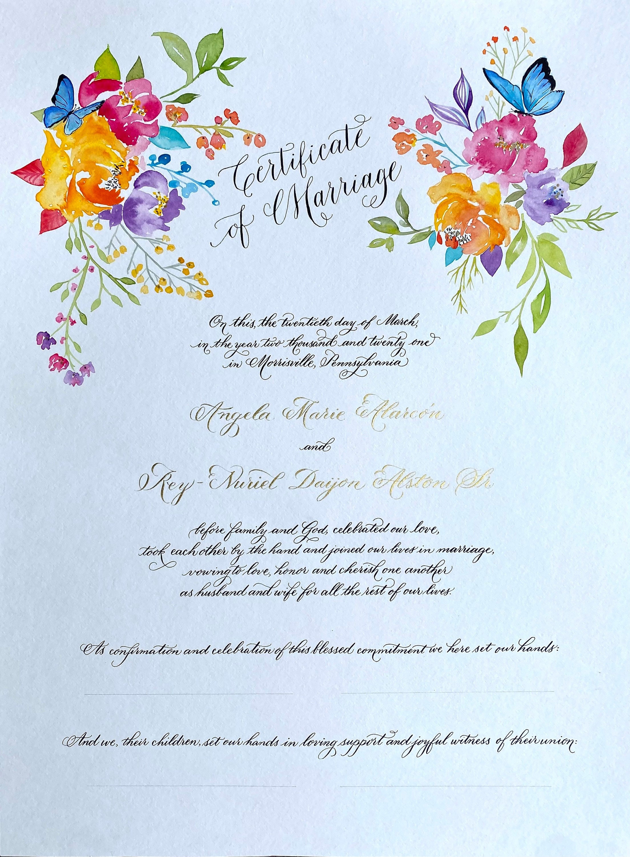 Bright Floral Custom Marriage Certificate DEPOSIT