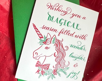 Letterpress Magical Holiday Cards with Hand Drawn Unicorn in Red and Green