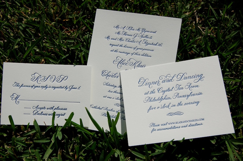 Custom Blue Letterpress Wedding Invitation featuring Hand Calligraphy DEPOSIT image 2