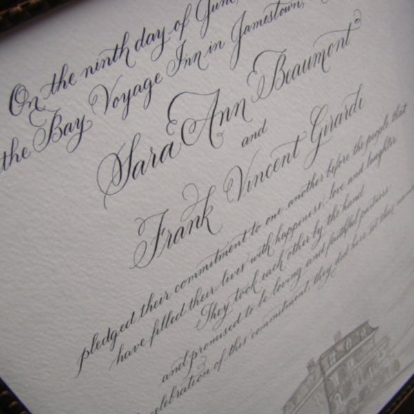 Hand Lettered Quaker Marriage Certificate Ketubah featuring Hand Calligraphy and Watercolor Sketch Church Mansion Deposit