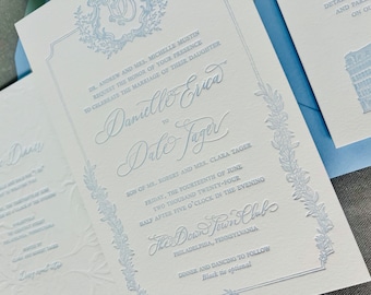 French Toile Blue Custom Letterpress Wedding Invitation Suite DEPOSIT