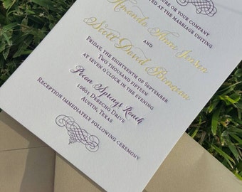 Letterpress Wedding Invitations Plum / Gold Foil DEPOSIT