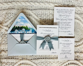 Letterpress Nautical Wedding Invitations with Hand Calligraphy DEPOSIT