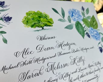 カスタムカリグラフィー結婚証明書、水彩アジサイとオークツリーの証明書