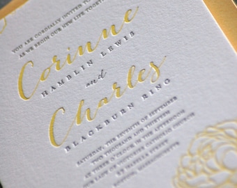 Yellow and Gray Letterpress Wedding Invitations  Deposit