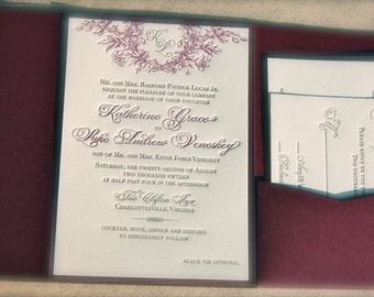 Letterpress Plum and Pewter Charcoal Wedding Invitation with Floral Wreath Monogram Deposit