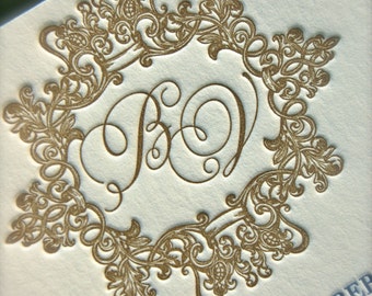 Letterpress Navy and Gold Wedding Invitation with Ornate Monogram Deposit