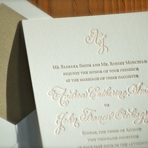 Letterpress Wedding Invitations DEPOSIT Hand Calligraphy Monogram Blush and Gold