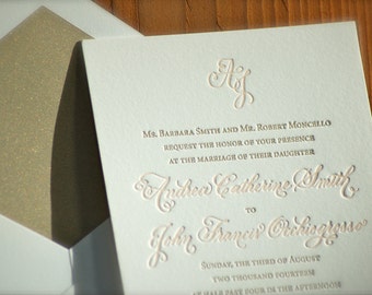 Invitaciones de boda impresas en tipografía DEPÓSITO Caligrafía a mano Monograma Rosa y Dorado