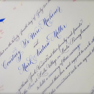 Gästebuch Alternative, kundenspezifische Heiratsurkunde, Handkalligraphie und Aquarell, Vögel Zweige Navy Gold Blush DEPOSIT