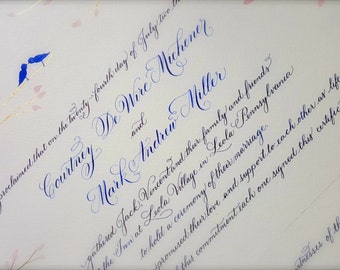 ゲストブックの代替、カスタム結婚証明書、手書きのカリグラフィーと水彩画、鳥の枝、ネイビーゴールドブラッシュデポジット